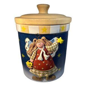 Angel Cookie Jar With Lid 3D Ceramic Blue Stars Sakura ? 8" Tall
